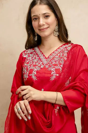 Red embroidered chanderi salwar suit