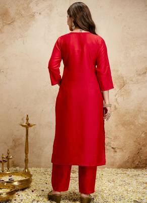 Red embroidered chanderi salwar suit 4