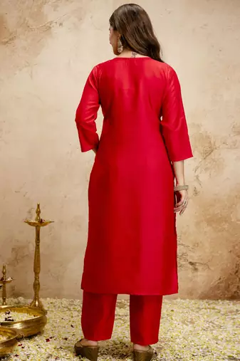 Red embroidered chanderi salwar suit