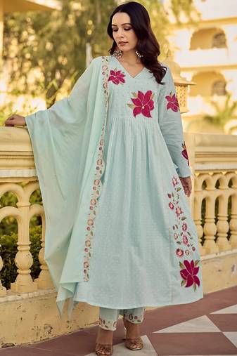 Sea-green embroidered chanderi anarkali suit