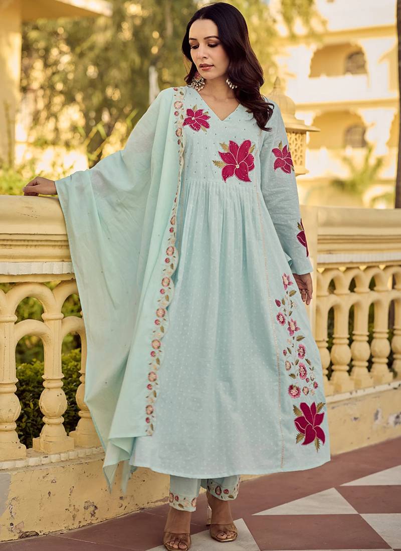 Sea-green embroidered chanderi anarkali suit