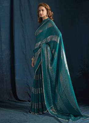 designer rama green heavy zarkan hand work satin silk saree 4
