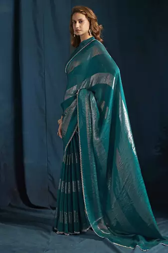 designer rama green heavy zarkan hand work satin silk saree