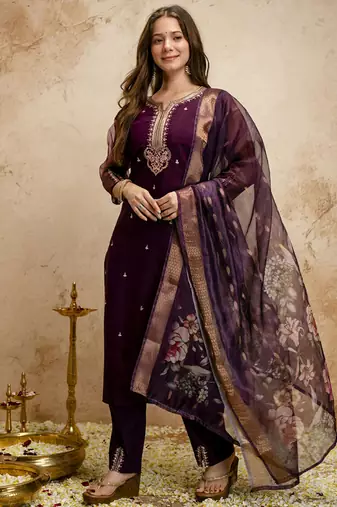 Wine embroidered chanderi salwar suit