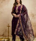 Wine embroidered chanderi salwar suit