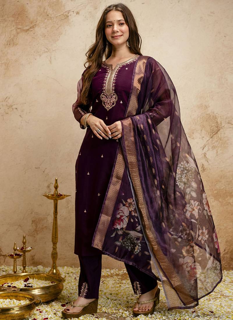 Wine embroidered chanderi salwar suit