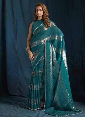 designer rama green heavy zarkan hand work satin silk saree 5