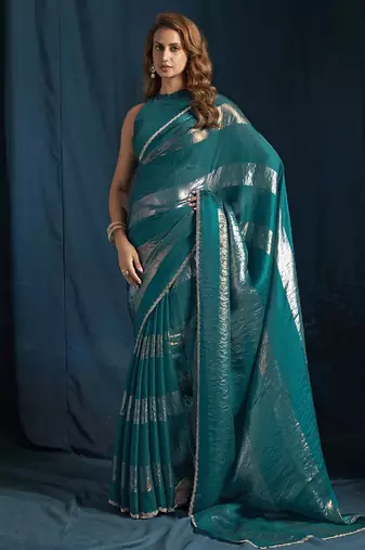 designer rama green heavy zarkan hand work satin silk saree