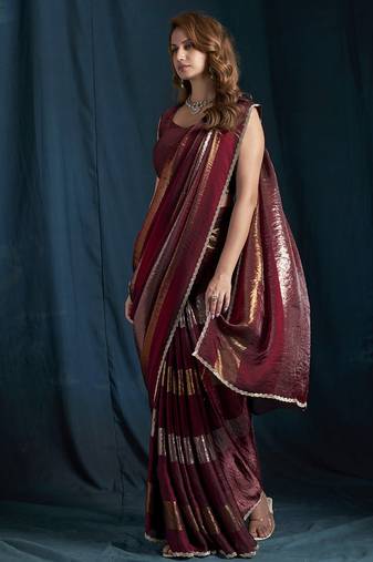 designer maroon heavy zarkan hand work satin silk saree