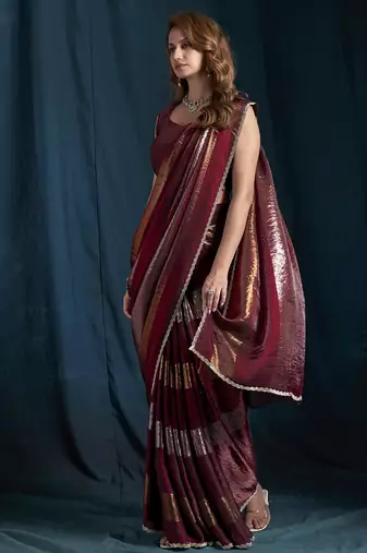 designer maroon heavy zarkan hand work satin silk saree