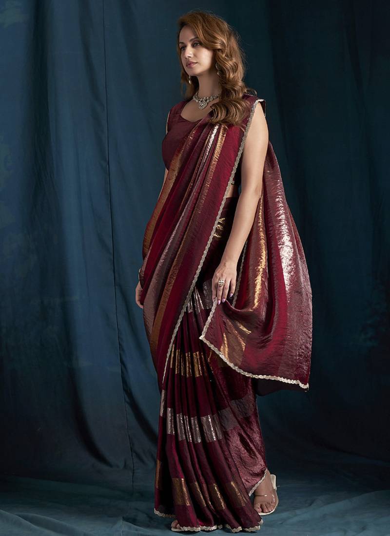 designer maroon heavy zarkan hand work satin silk saree