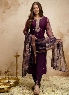Wine embroidered chanderi salwar suit 2