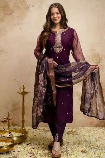 Wine embroidered chanderi salwar suit