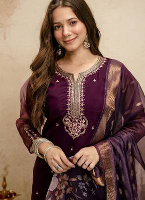 Wine embroidered chanderi salwar suit 3