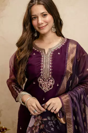 Wine embroidered chanderi salwar suit