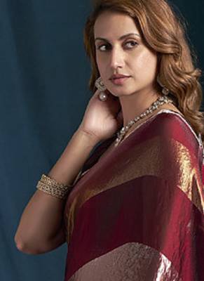 designer maroon heavy zarkan hand work satin silk saree 3