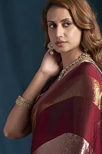 designer maroon heavy zarkan hand work satin silk saree