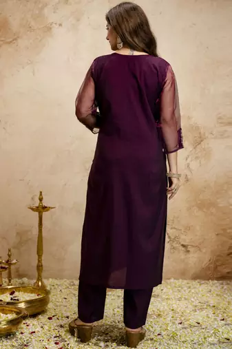 Wine embroidered chanderi salwar suit
