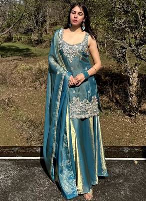 Turquoise embroidered satin palazzo suit 1