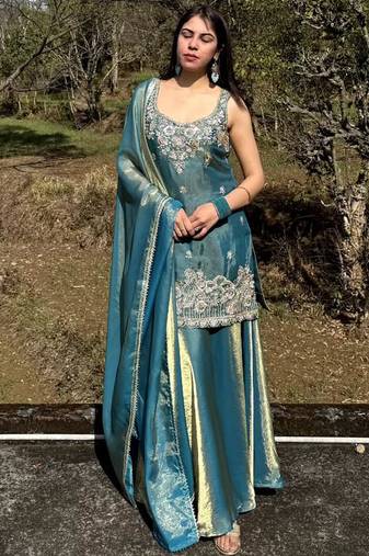 Turquoise embroidered satin palazzo suit