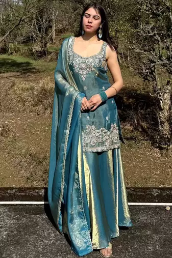 Turquoise embroidered satin palazzo suit