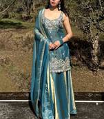 Turquoise embroidered satin palazzo suit