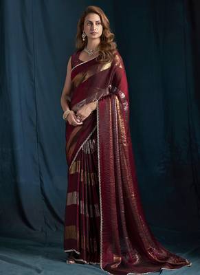 designer maroon heavy zarkan hand work satin silk saree 4