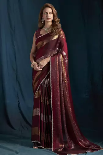 designer maroon heavy zarkan hand work satin silk saree