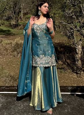 Turquoise embroidered satin palazzo suit 2