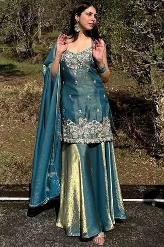 Turquoise embroidered satin palazzo suit