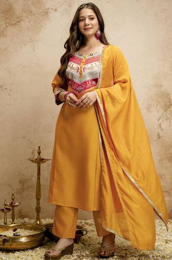 Yellow embroidered vichitra silk anarkali suit