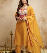 Yellow embroidered vichitra silk anarkali suit