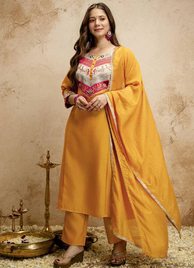 Yellow embroidered vichitra silk anarkali suit