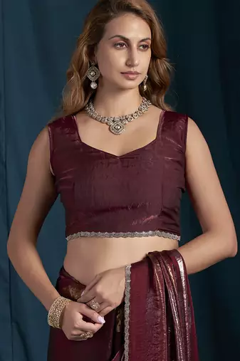 designer maroon heavy zarkan hand work satin silk saree