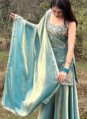 Turquoise embroidered satin palazzo suit 3