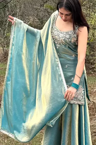 Turquoise embroidered satin palazzo suit