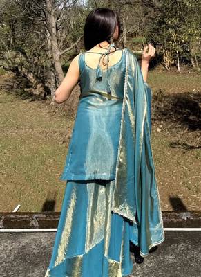 Turquoise embroidered satin palazzo suit 4