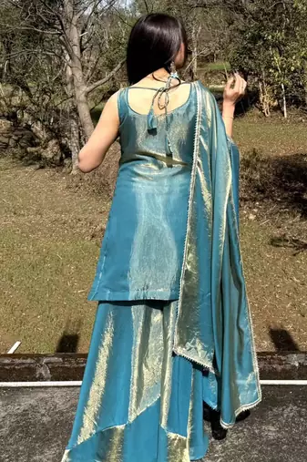 Turquoise embroidered satin palazzo suit