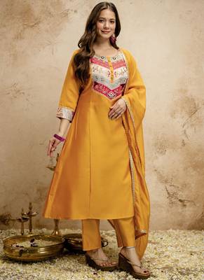 Yellow embroidered vichitra silk anarkali suit 2