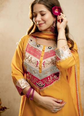 Yellow embroidered vichitra silk anarkali suit 3
