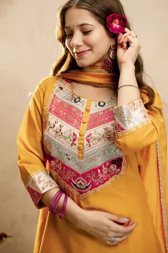Yellow embroidered vichitra silk anarkali suit