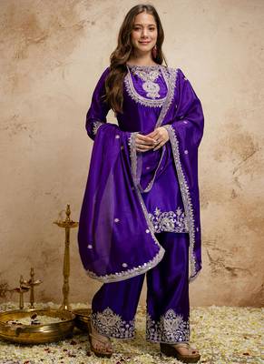 Purple embroidered chanderi salwar suit 1