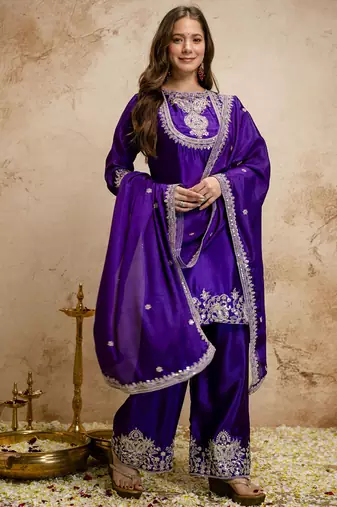 Purple embroidered chanderi salwar suit