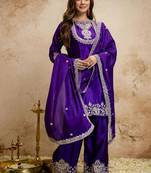 Purple embroidered chanderi salwar suit