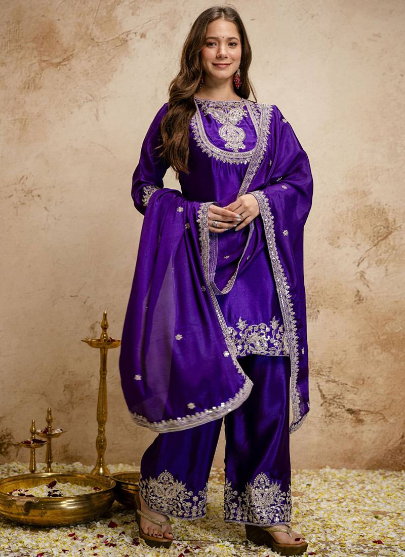 Purple embroidered chanderi salwar suit