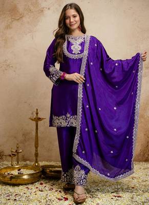 Purple embroidered chanderi salwar suit 2