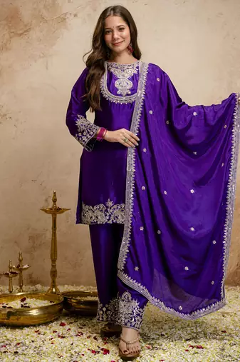 Purple embroidered chanderi salwar suit