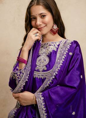 Purple embroidered chanderi salwar suit 3