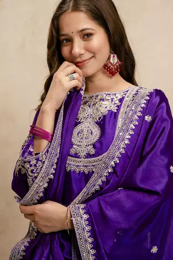 Purple embroidered chanderi salwar suit