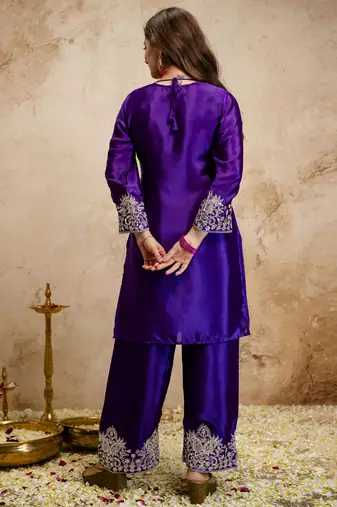 Purple embroidered chanderi salwar suit